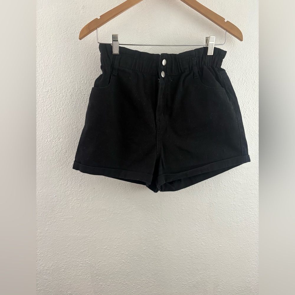 May Berries black high-waisted, paperbag-style denim shorts with a cuffed hem M